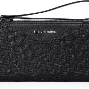 Sleek Black Leather Wallet - Floral Design with Phone Holder and Wrist Strap
